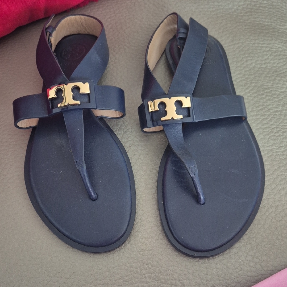 Tory Burch Navy Leather Logo Toe-Post Sandals with Gold Hardware